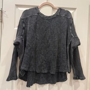 Free People FP One 100% Cotton Washed Charcoal Waffle Knit Long Sleeve Top